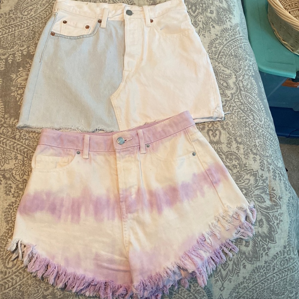 Denim duo shorts and skirt (Levi)  with frayed bottoms.